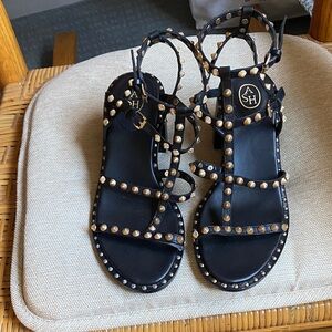 ASH Black T-Strap Studded Leather Sandals size 39